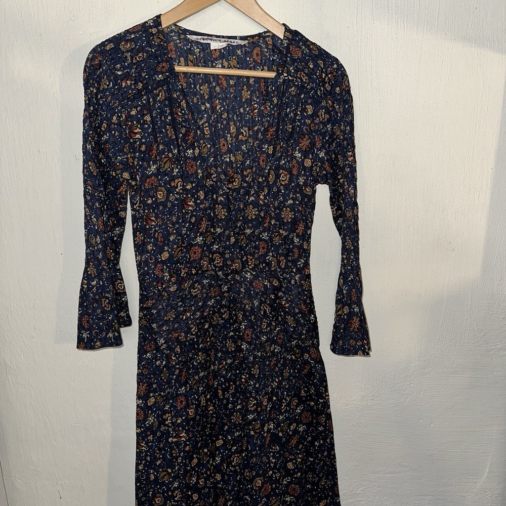 Veronica Beard Floral 100%‎ Cotton Button Pleated Dress Long Sleeve V-neck Sz 2